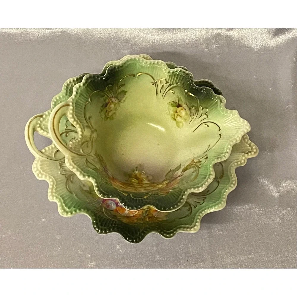 Two Antique Hand Painted Austria Bowl And Saucer Painted /Green Grapes PreOwned